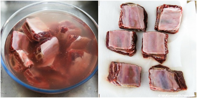 Collage image - short ribs in a bowl of water and on top of kitchen paper