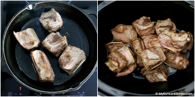 Browning short ribs over skillet