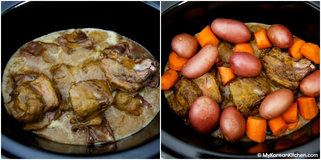 Korean short ribs covered with galbi sauce in a crockpot