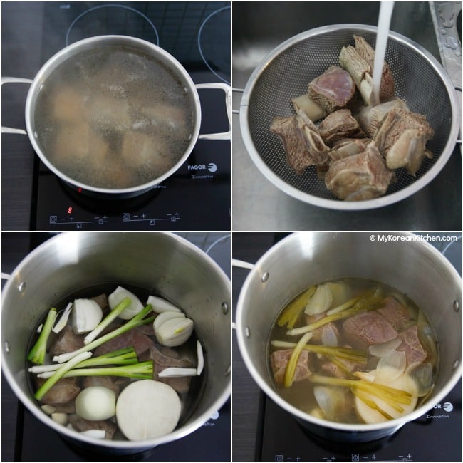 Boiling beef ribs in a large pot