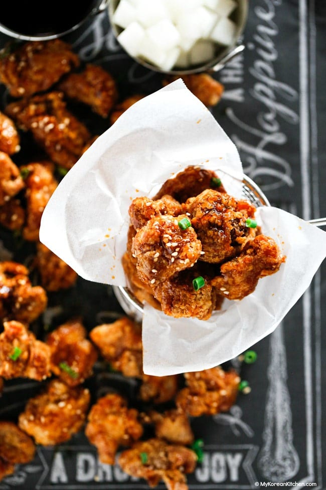 Dakgangjeong in a fryer basket