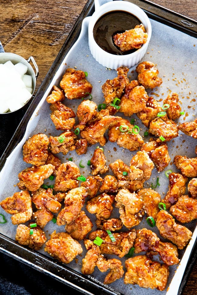 Dakgangjeong on a baking sheet