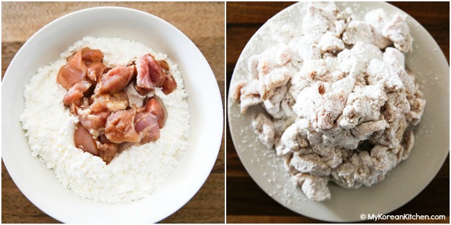 Dredging chicken pieces in corn starch