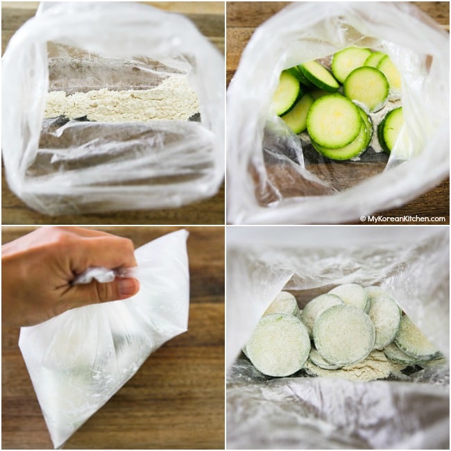 Coating zucchini with flour in a plastic bag