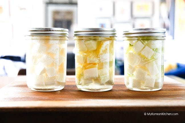 Pickled radishes in canning jars
