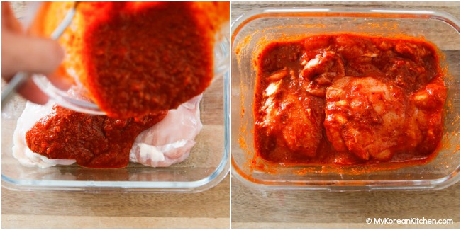 pouring gochujang sauce over chicken thighs