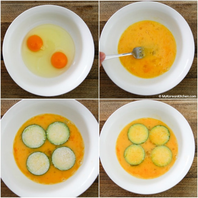 Coating zucchini in beaten egg