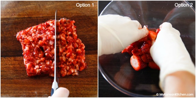 a photo collage - dicing strawberries and mashing strawberries