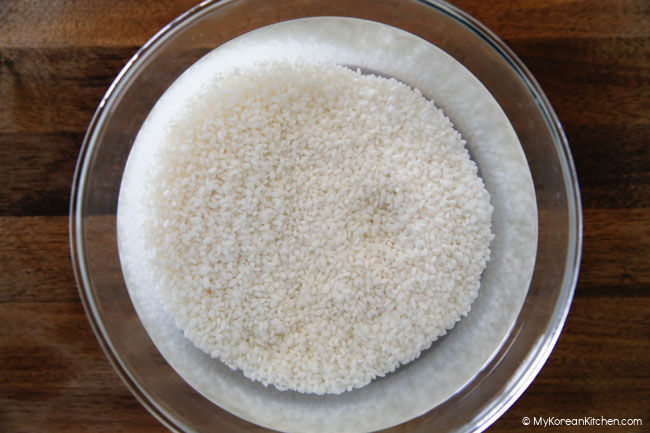 short grain rice soaked in a bowl