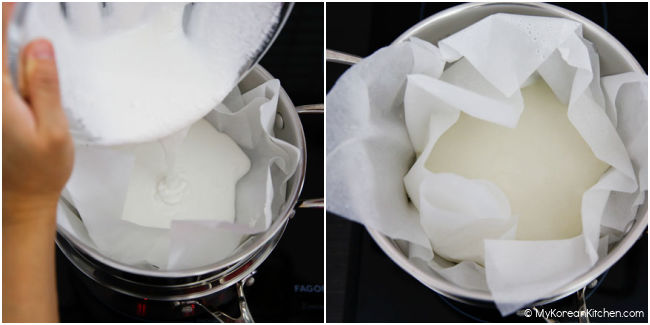 Steaming rice cake over stove
