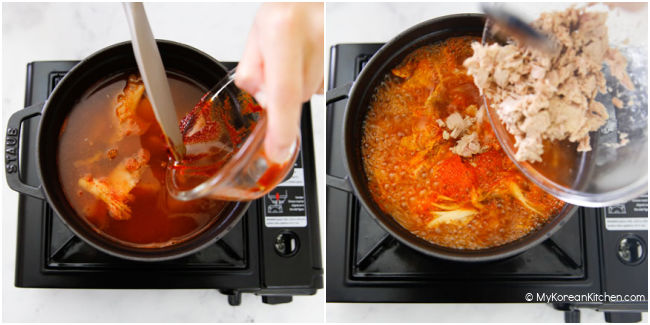 Adding kimchi soup sauce and canned tuna into the soup