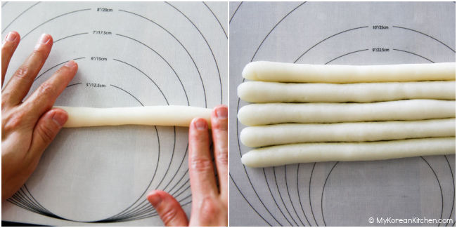 kneading rice cakes into a cylinder shape