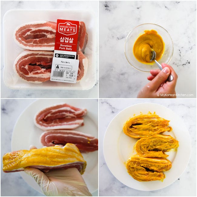 Making mustard sauce and pasting over pork belly meat