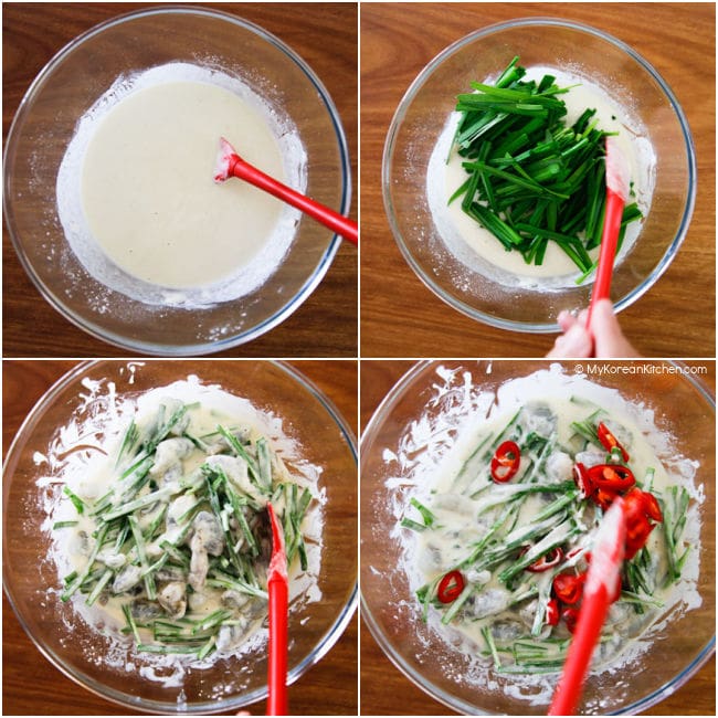 Making chive pancake batter in a mixing bowl