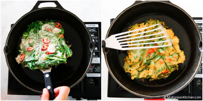 Collage image of flipping chive pancake