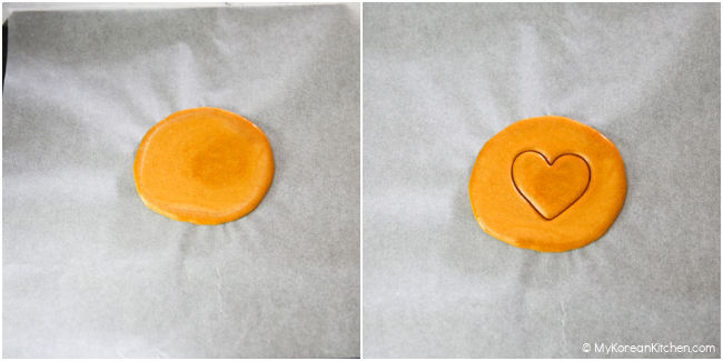 love heart pattern on flattened dalgona