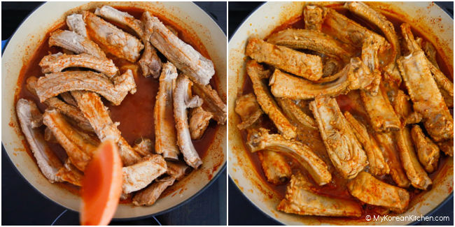 collage image - braising baby back ribs until the sauce is reduced