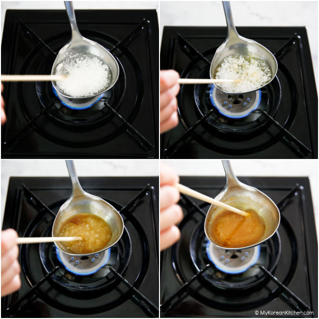 melting granulated sugar in a ladle over the stove