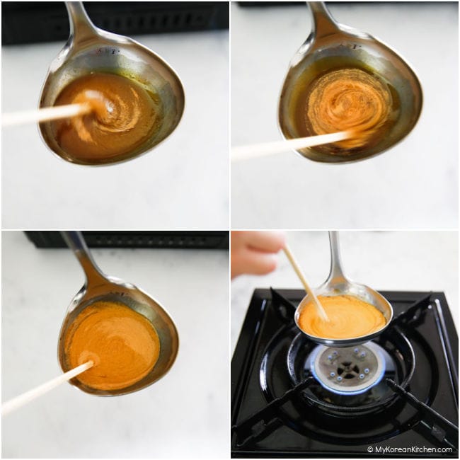 mixing baking soda with melted sugar