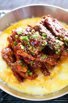 Spicy Korean baby back ribs on melted cheese