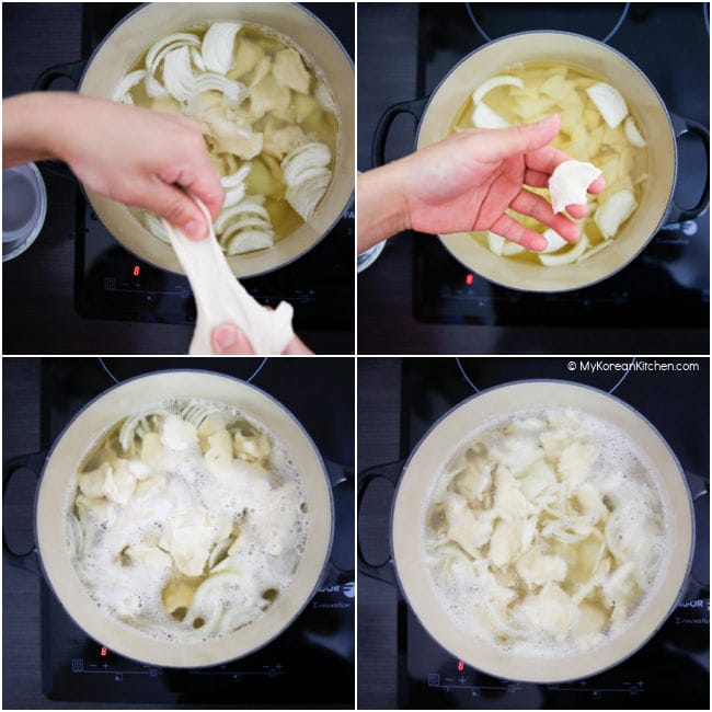 Putting hand-pulled noodles into the pot.