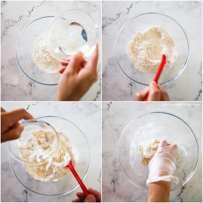 Collage image of making sujebi dough - mixing flour with water.