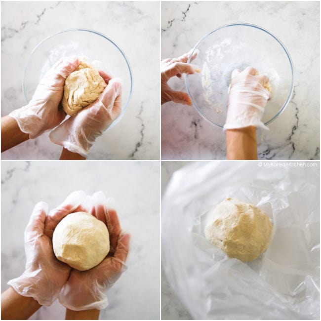 Collage image of making sujebi dough - kneading.