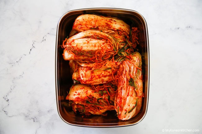 Kimchi packed in a stainless steel kimchi container