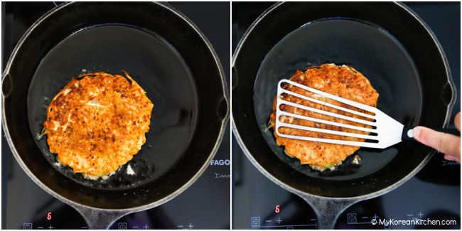 Golden brown bindaetteok in a skillet.