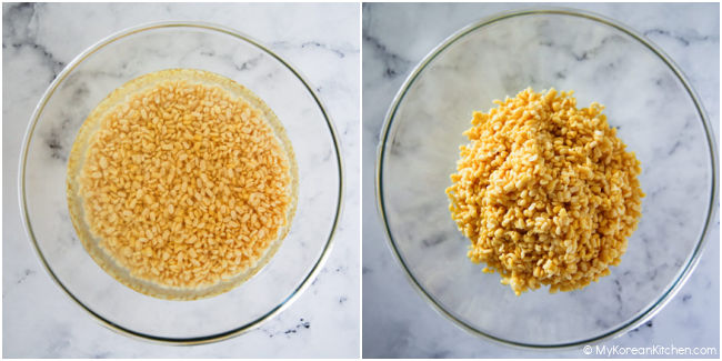 Collage image of soaked mung beans then drained.