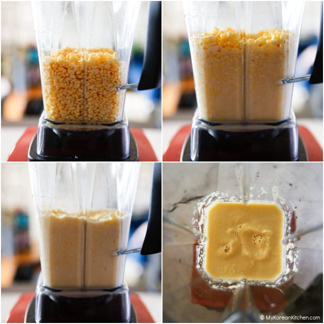 Collage image of grinding mung beans in a blender.