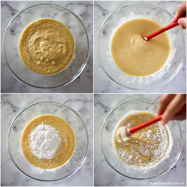 Collage image of pureed mung beans and flour.