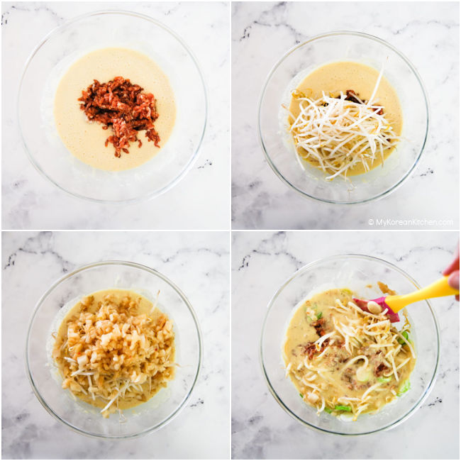Collage image of mixing bindaetteok ingredients.