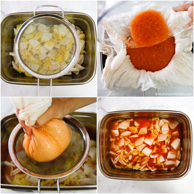 Adding nabak kimchi sauce over the pickled radish and napa cabbage.
