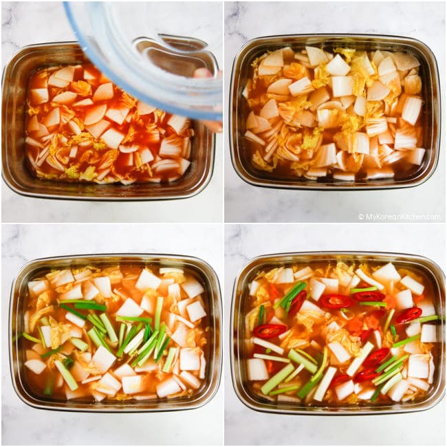 Adding water to the kimchi container.