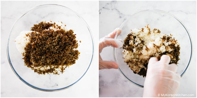 Mixing rice and seasoned anchovies in a bowl.