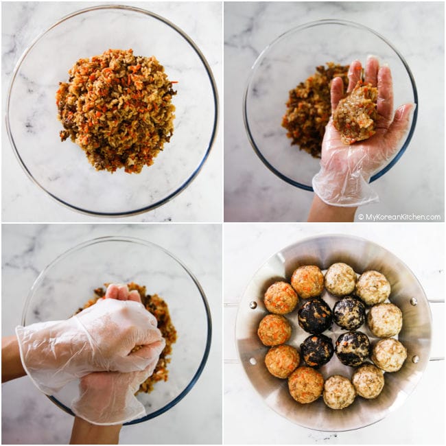 Collage image of assembling rice balls.