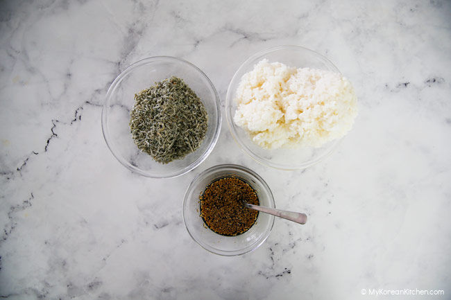 Ingredients for anchovy rice balls - dried anchovy, rice, soy sauce