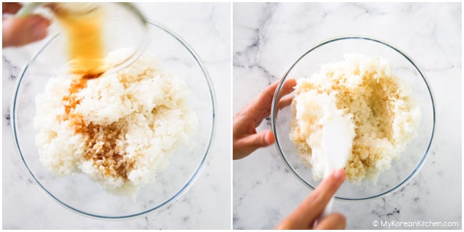 Seasoning and mixing the rice to make triangular rice.