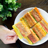 Holding cooked sanjeok (meat and vegetable skewers).