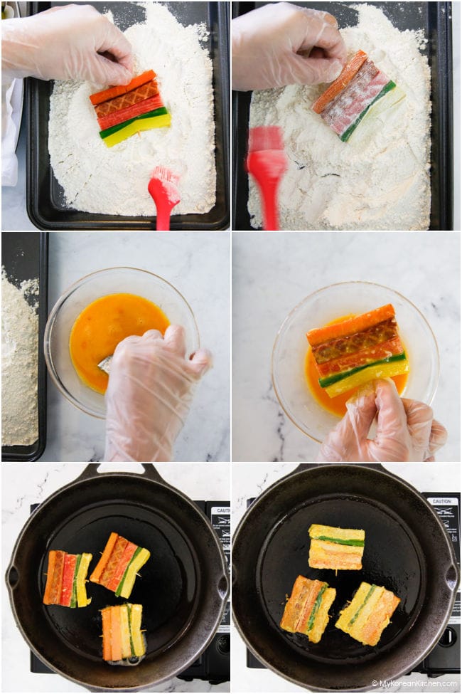 Step by step collage - coating sanjeok with flour mixture, then egg wash. After that, cooking sanjeok in a frying pan.