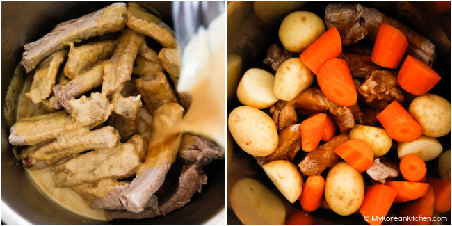 A collage of a sauce being poured over pork ribs and vegetables being added on top.