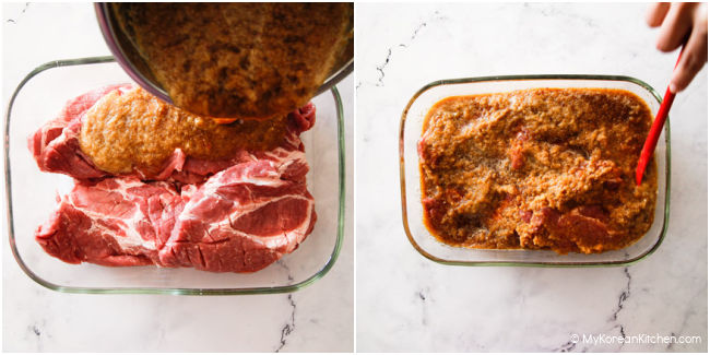 Pouring BBQ marinade over pork in a glass container.