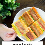 Holding cooked sanjeok (meat and vegetable skewers).