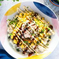 An image of a tuna mayo rice bowl from the top down.