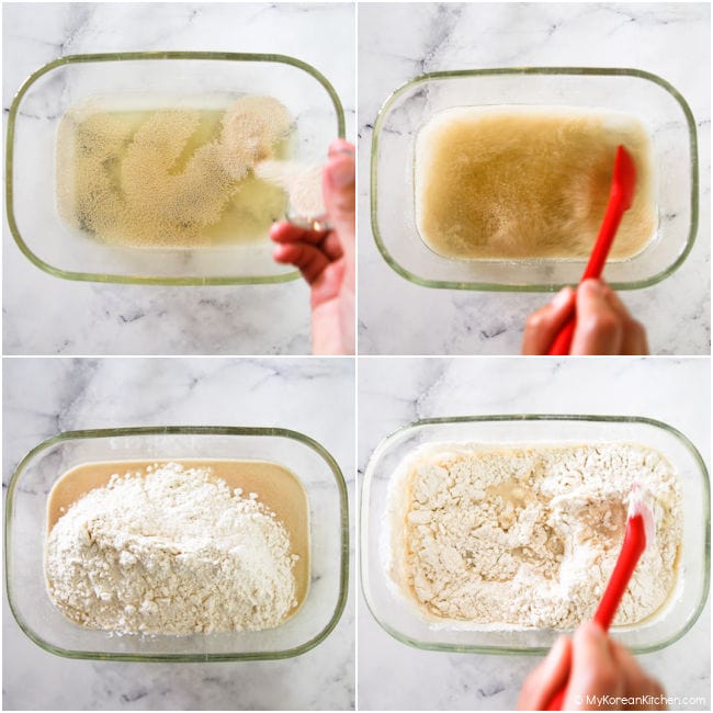 Add dry yeast into a glass container and mix with a red spatula.