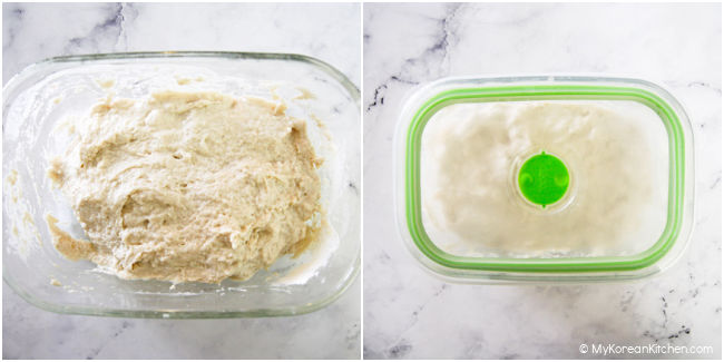 The corn dog batter mixture is in a glass container.