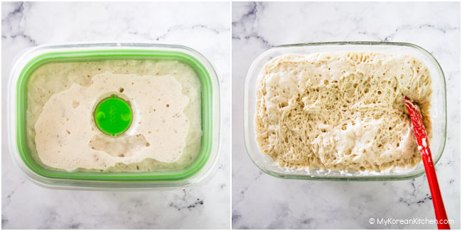 Yeasted corn dog batter in a glass container.
