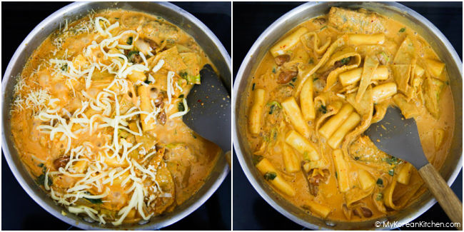 In the final step - a collage photo of rose tteokbokki cooking in a stainless steel pan is shown, with cheese scattered over it.
