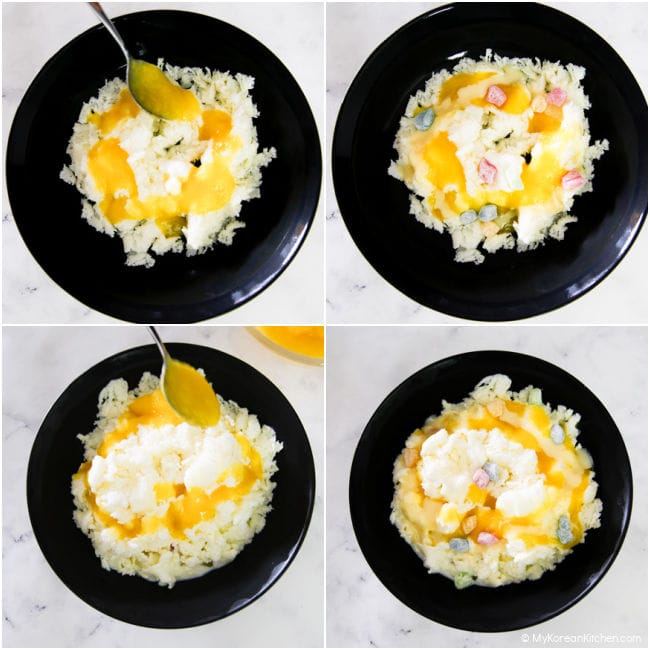 Layering shaved ice, mango syrup, sweetened condensed milk, and mochi rice cakes in a black bowl until the bowl is fully covered.